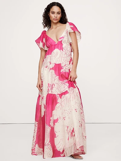 Linen-Silk Tiered Maxi Dress