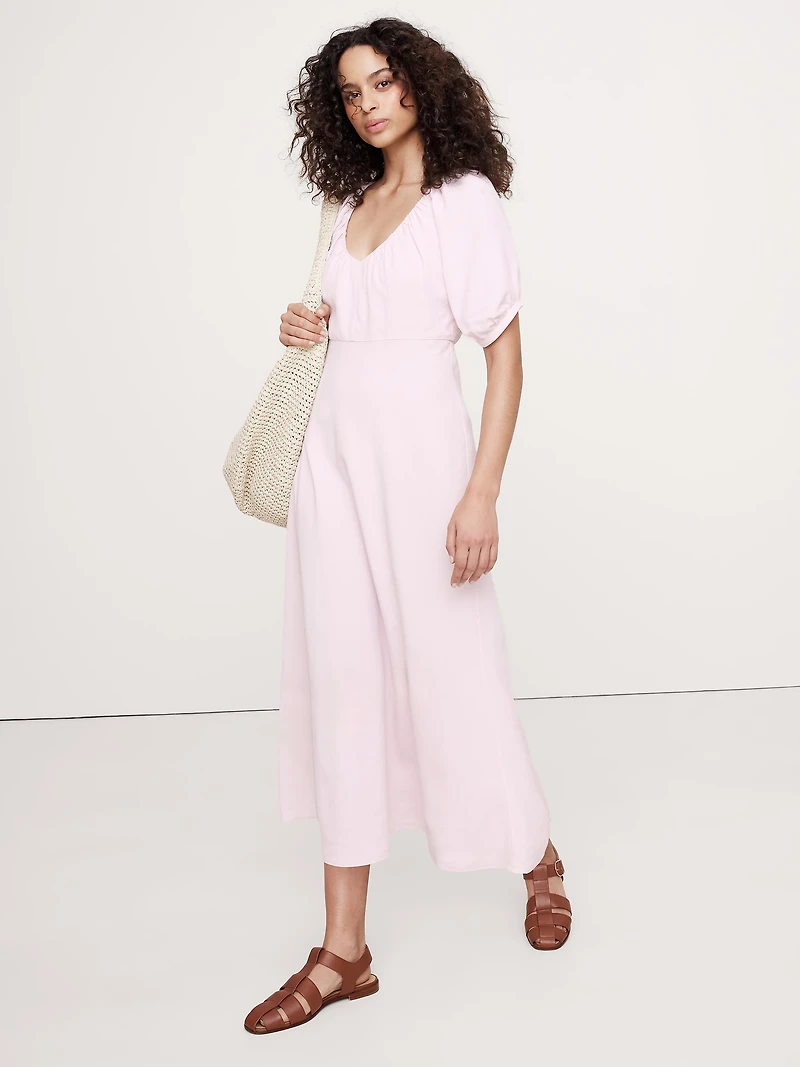 Viscose-Linen Dupioni Ruched Long Midi Dress