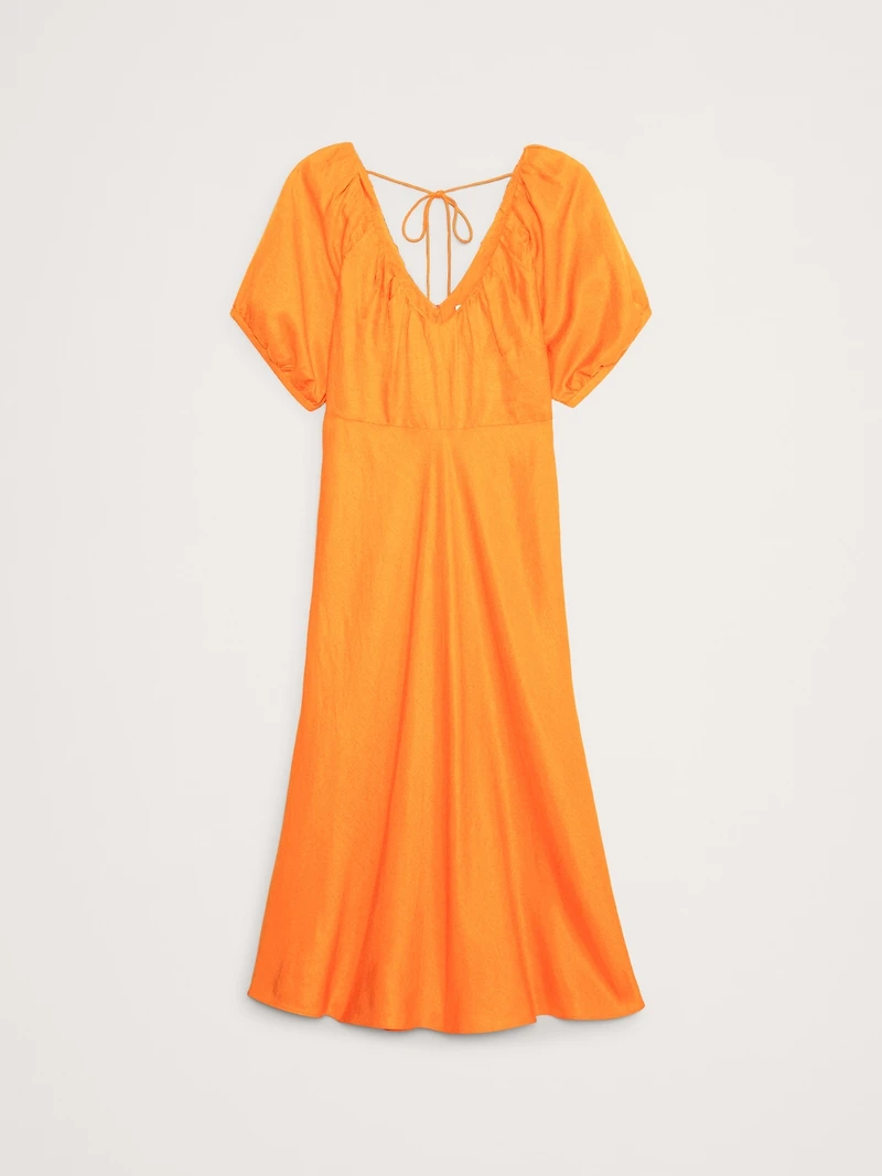 Viscose-Linen Ruched Long Midi Dress
