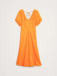 Viscose-Linen Ruched Long Midi Dress
