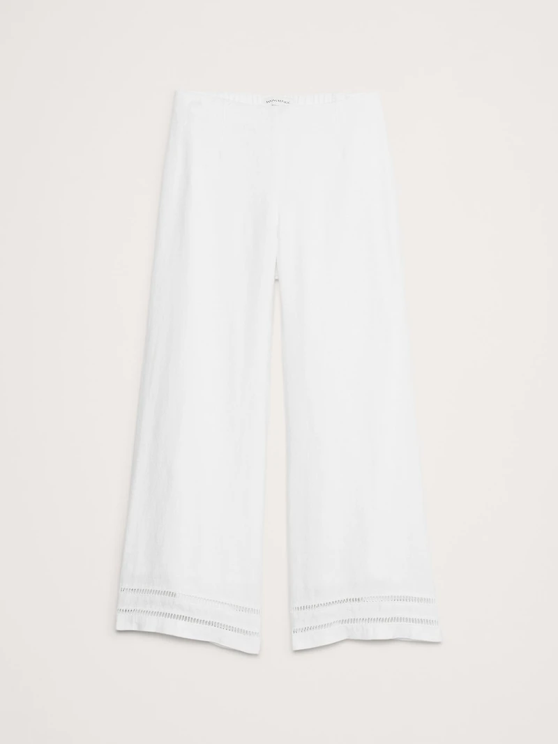 Mid-Rise Kick-Flare Lace-Trim Linen Ankle Pant