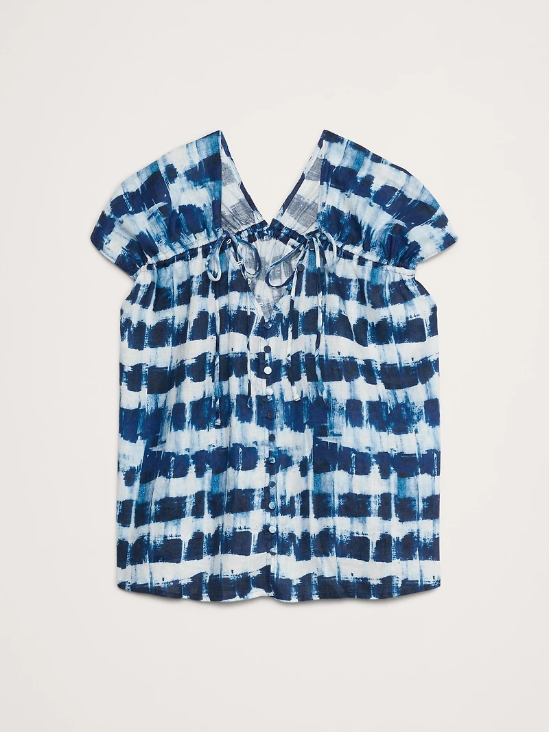 Oversized Linen Button-Front Drawstring Top