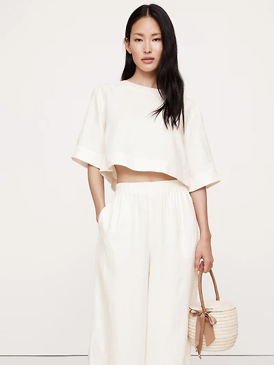 Linen Boat-Neck Cropped Top