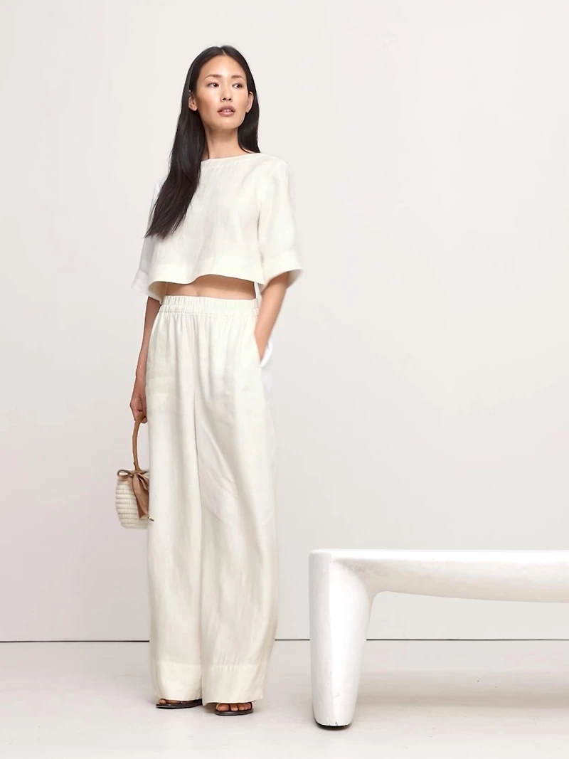 Linen Boat-Neck Cropped Top