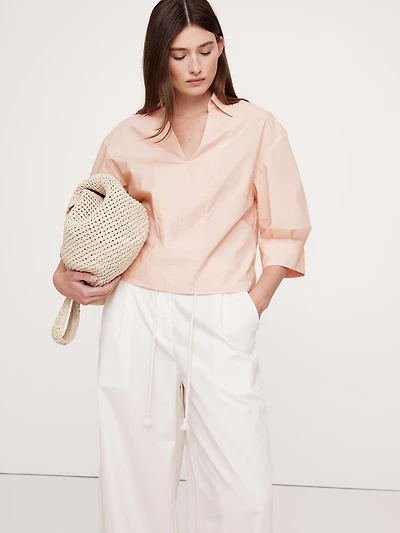 Balloon-Sleeve Cotton Poplin Popover Top