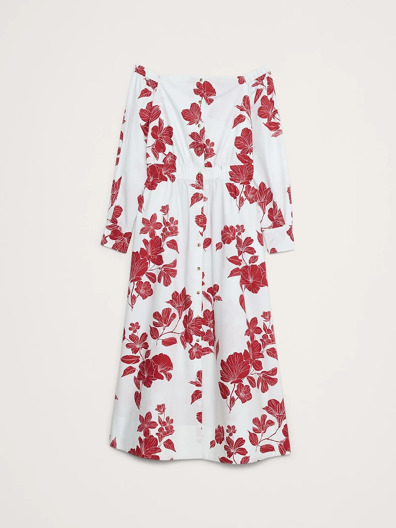 Cotton Poplin Off-The-Shoulder Long Midi Shirt Dress
