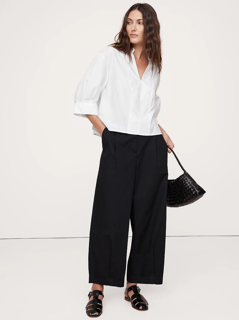 Balloon-Sleeve Cotton Poplin Popover Top