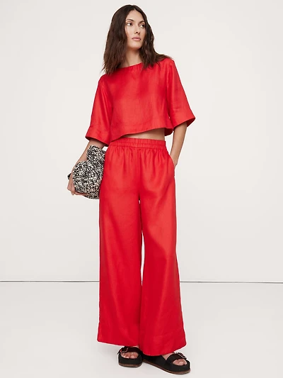 Linen Boat-Neck Cropped Top