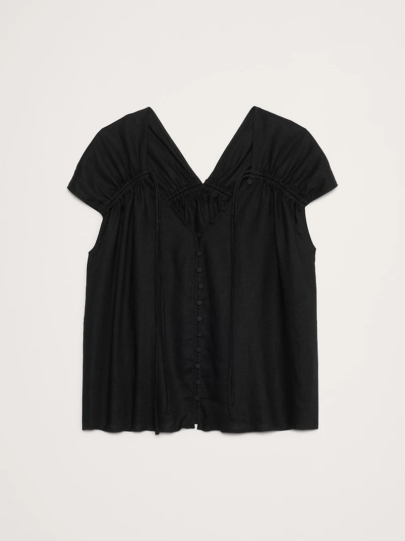 Oversized Linen Button-Front Drawstring Top