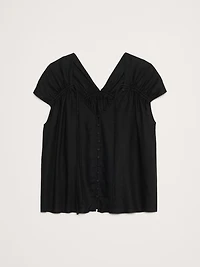 Oversized Linen Button-Front Drawstring Top