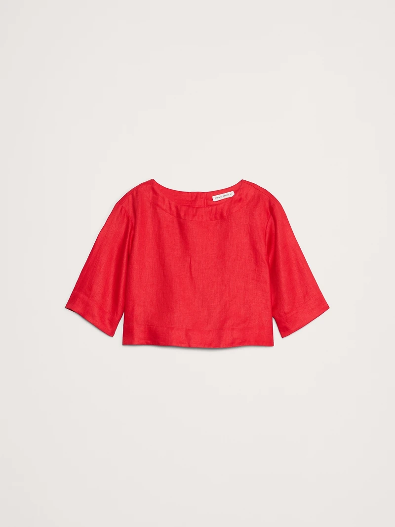 Linen Boat-Neck Cropped Top