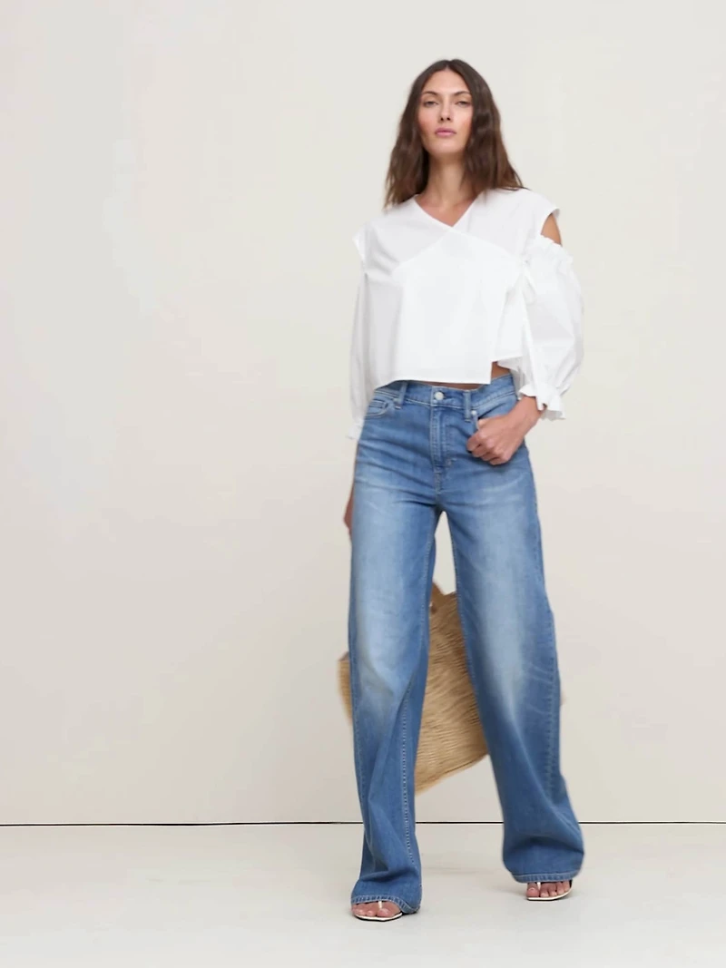 Cotton Poplin Puff-Sleeve Cropped Top