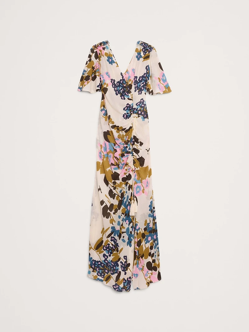 Stretch-Crepe Flutter-Sleeve Maxi Dress