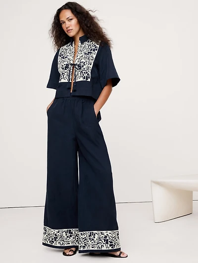 High-Rise Wide-Leg Embroidered Tencel™-Linen Pull-On Pant