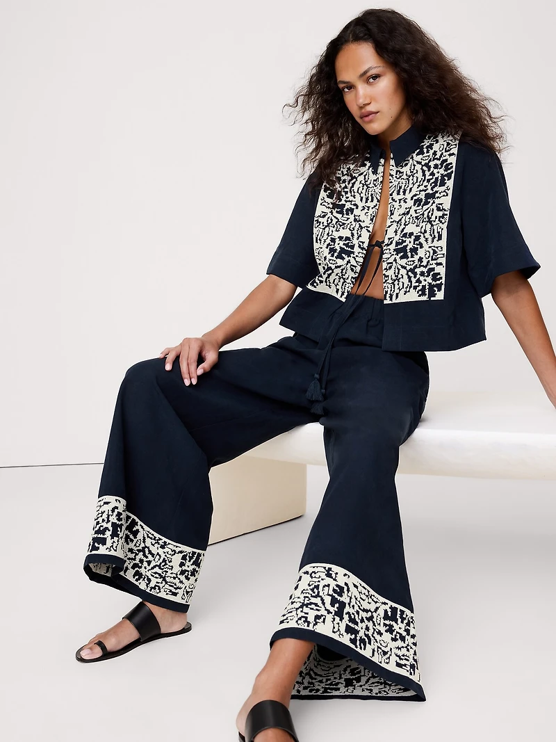High-Rise Wide-Leg Embroidered Tencel™-Linen Pull-On Pant
