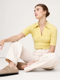 Ribbed Elbow-Sleeve Polo