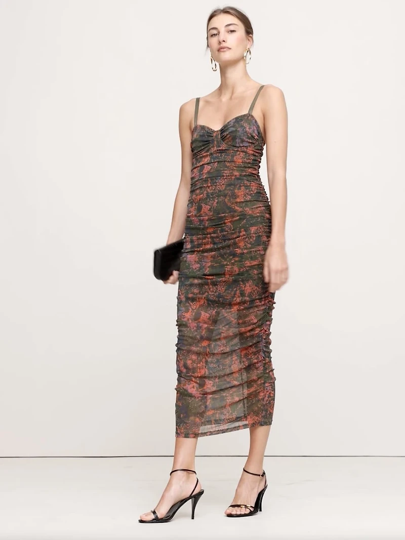 RUCHED MESH CORSET MIDI DRESS