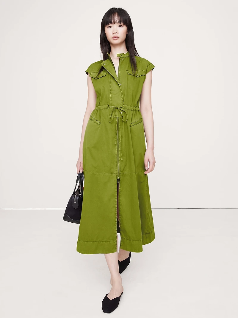 COTTON TWILL UTILITY LONG MIDI DRESS