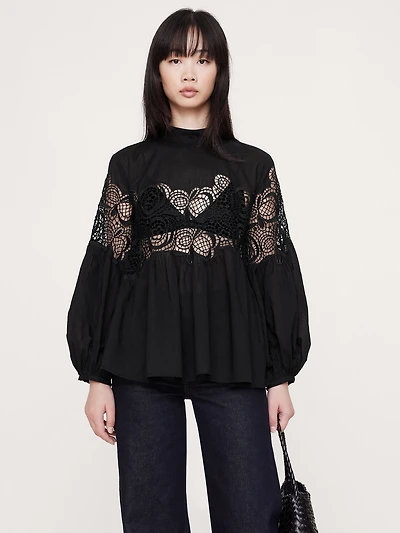 COTTON & LACE MOCK-NECK TOP