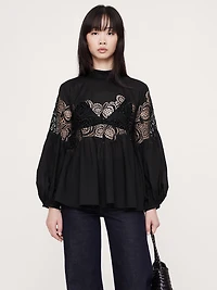 COTTON & LACE MOCK-NECK TOP
