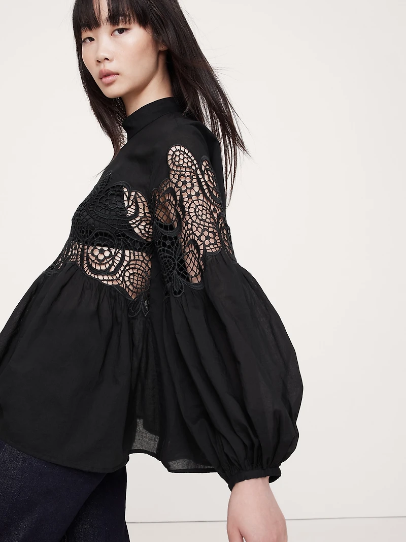 COTTON & LACE MOCK-NECK TOP