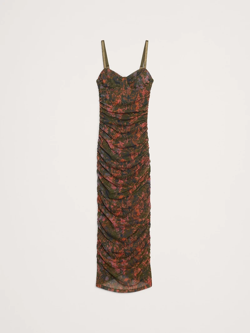 RUCHED MESH CORSET MIDI DRESS