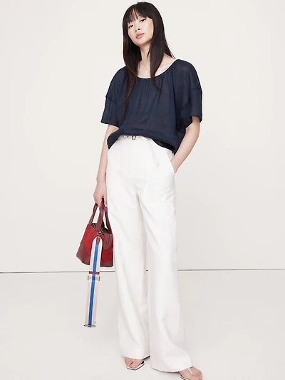 Linen-Viscose Puff-Sleeve Top