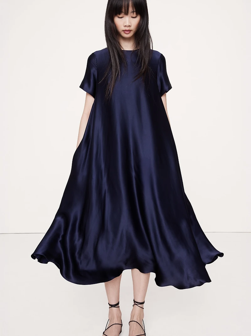 ITALIAN SATIN TRAPEZE LONG MIDI DRESS