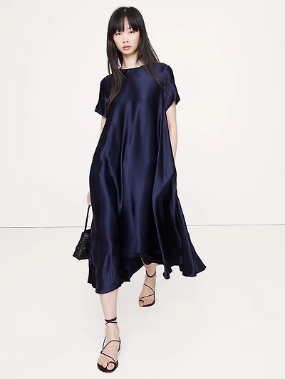 ITALIAN SATIN TRAPEZE LONG MIDI DRESS