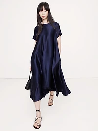 ITALIAN SATIN TRAPEZE LONG MIDI DRESS