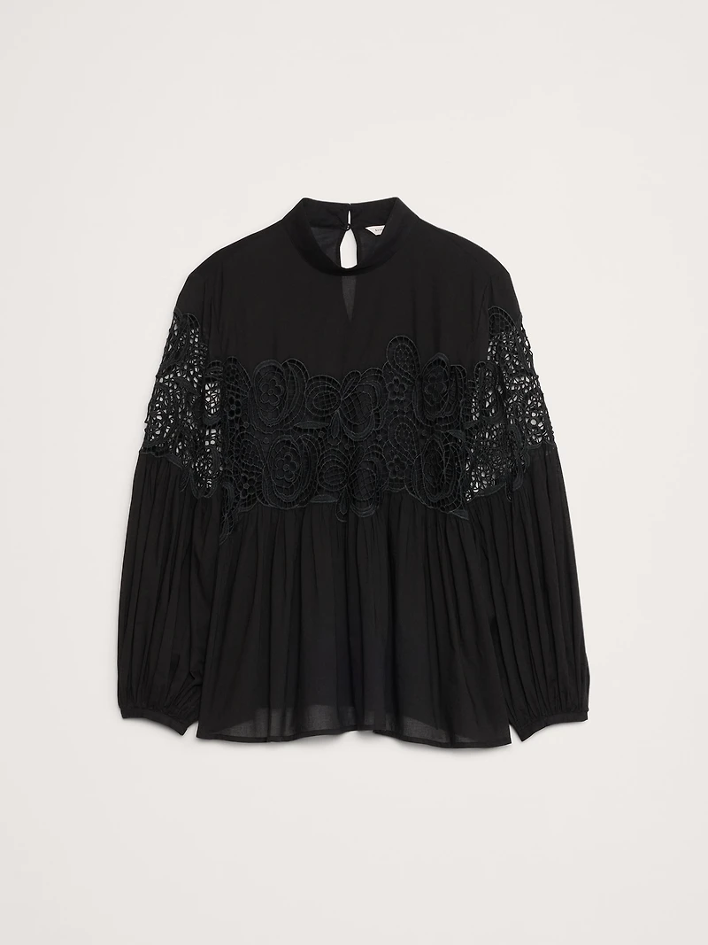 COTTON & LACE MOCK-NECK TOP
