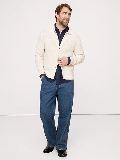 Plaid Texture Cotton Polo Cardigan