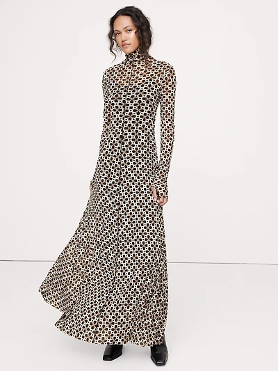 Mesh Long-Sleeve Maxi Dress