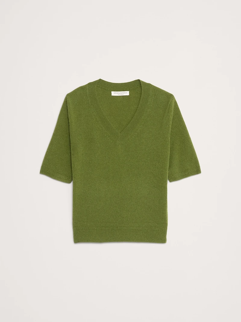 Lightweight Cashmere V-Neck Short-Sleeve Sweater