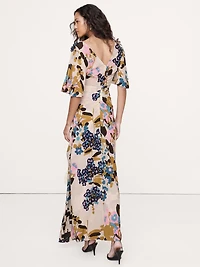 Stretch-Crepe Flutter-Sleeve Maxi Dress