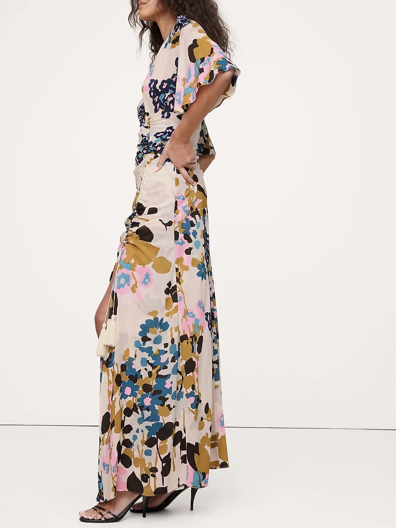 Stretch-Crepe Flutter-Sleeve Maxi Dress