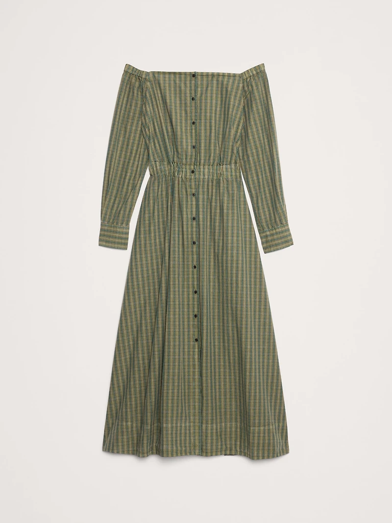 Cotton Poplin Off-The-Shoulder Long Midi Shirt Dress