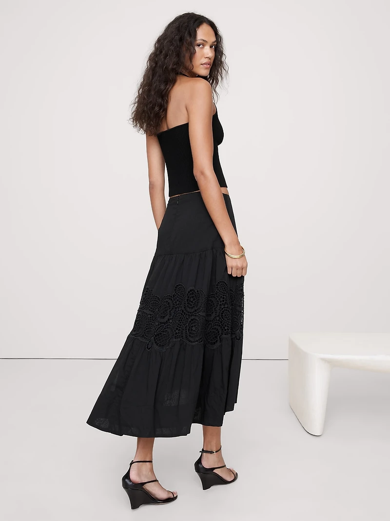 COTTON & LACE DROP-WAIST TIERED SKIRT