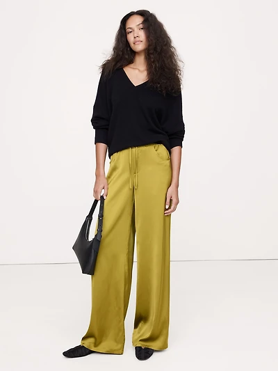 Mid-Rise Wide-Leg Pull-On Stretch-Satin Pant