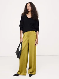 Mid-Rise Wide-Leg Pull-On Stretch-Satin Pant