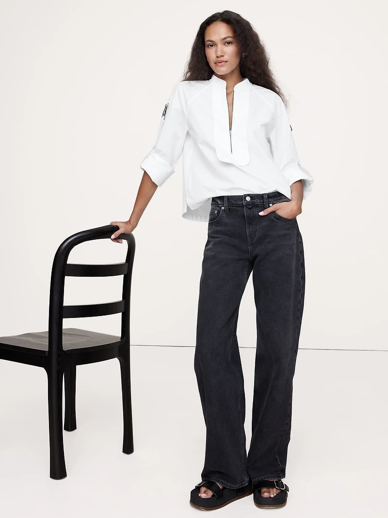 Cotton Poplin Zip Popover Top