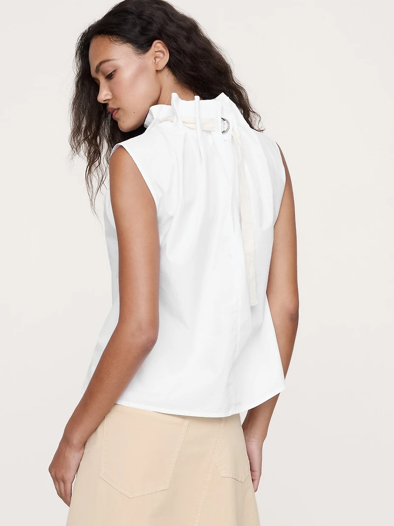 COTTON POPLIN CINCH-NECK TOP
