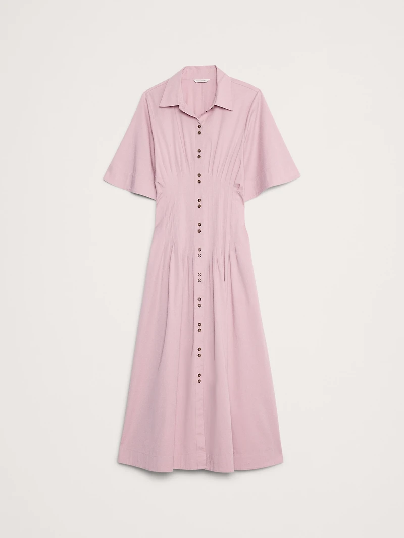 Stretch-Cotton Poplin Pintuck Long-Midi Shirt Dress