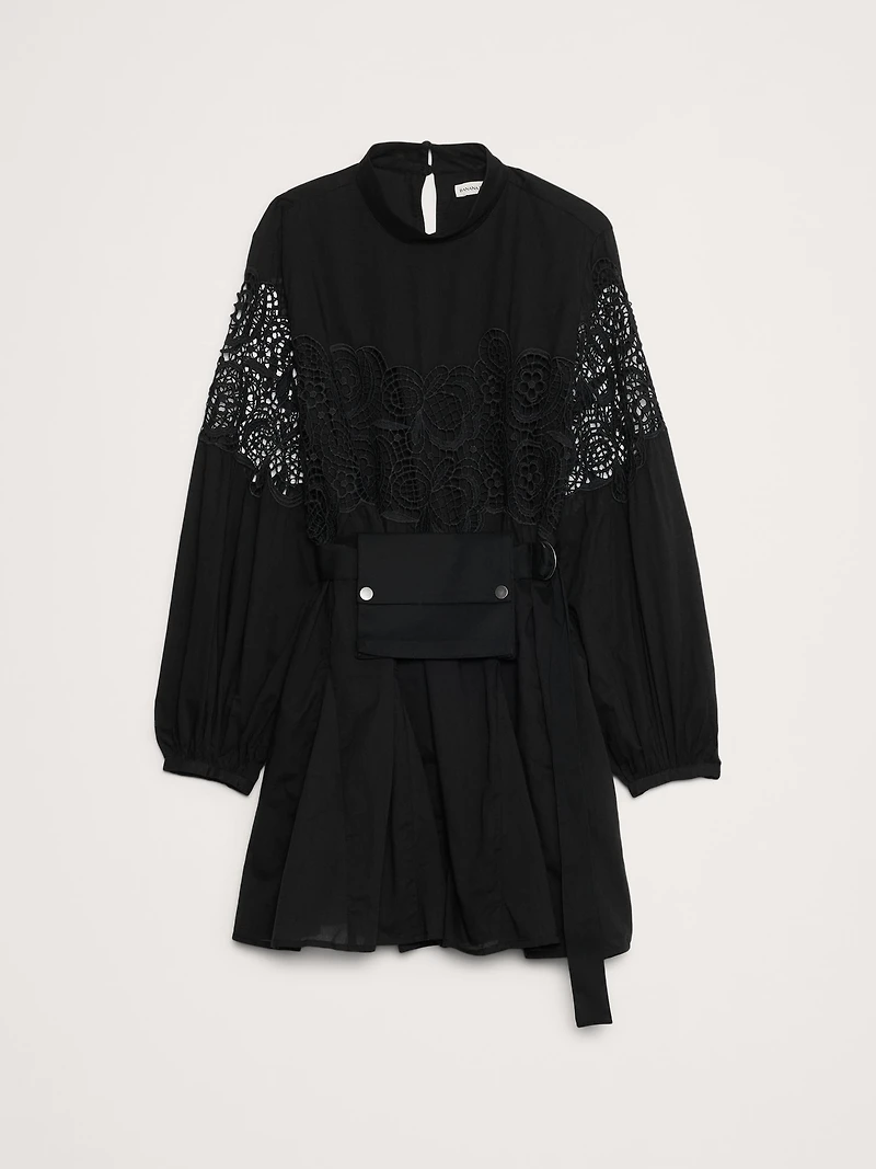 COTTON & LACE MOCK-NECK DRESS WITH REMOVABLE BELT BAG