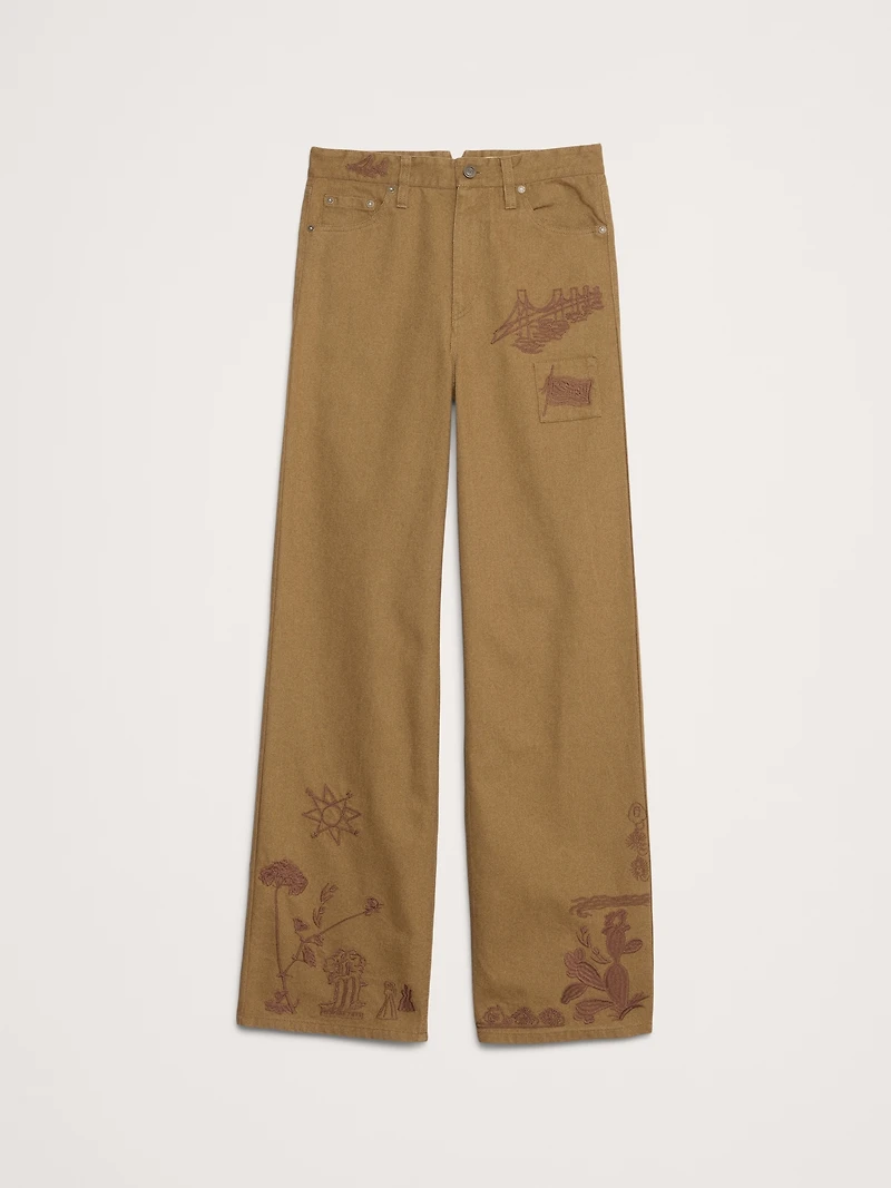 HIGH-RISE EMBROIDERED COTTON CANVAS RELAXED-STRAIGHT PANT
