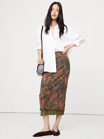 LETTUCE-HEM MESH MIDI SKIRT
