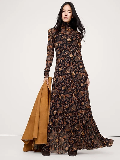 Long-Sleeve Mesh Maxi Dress