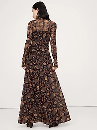 Long-Sleeve Mesh Maxi Dress
