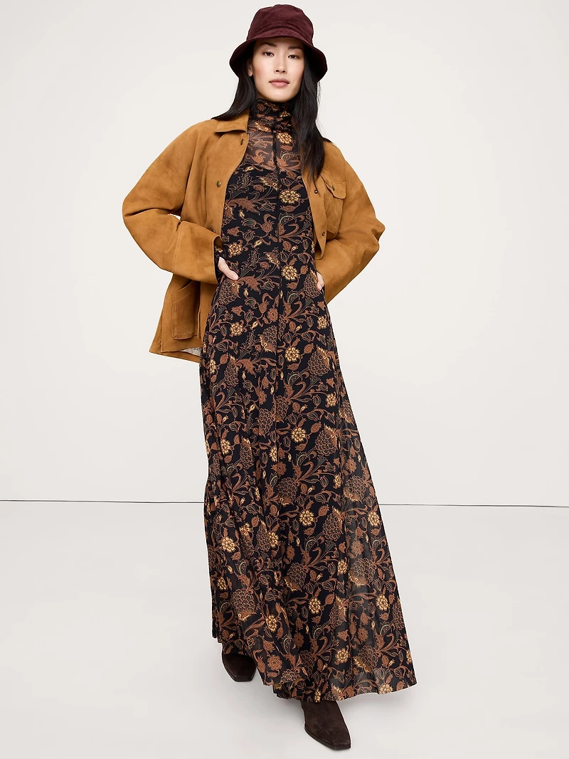 Long-Sleeve Mesh Maxi Dress