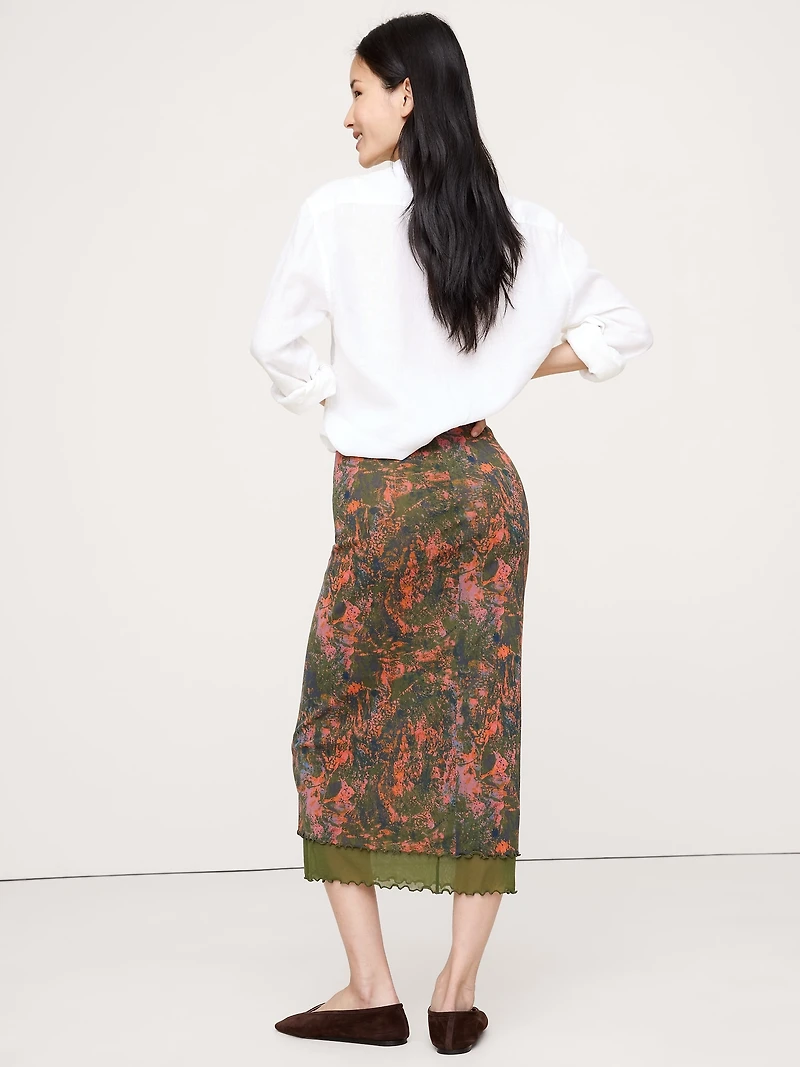 LETTUCE-HEM MESH MIDI SKIRT
